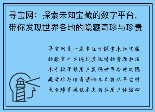 寻宝网：探索未知宝藏的数字平台，带你发现世界各地的隐藏奇珍与珍贵遗物